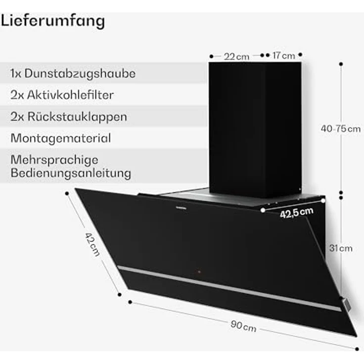 Klarstein Illuminosa Kopffreihaube 90 cm, 818 m³/h Boost, Touchpanel, LED-Beleuchtung, A++ Energieeffizienz, Umluft & Abluft, Aluminium- & Kohlefilter – Bild 2