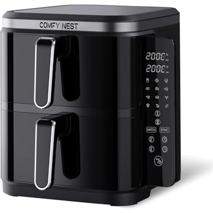 Comfy Nest CN-06177, 11-Liter-Doppelkorb-Heißluftfritteuse mit digitalem Touchscreen, Rapid Air-Technologie, erhöhte Sicherheit, leicht zu reinigen – Schwarz