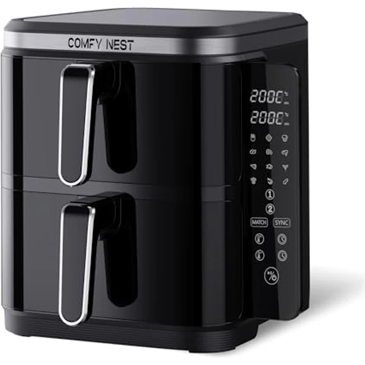 Comfy Nest CN-06177, 11-Liter-Doppelkorb-Heißluftfritteuse mit digitalem Touchscreen, Rapid Air-Technologie, erhöhte Sicherheit, leicht zu reinigen – Schwarz – Bild 1