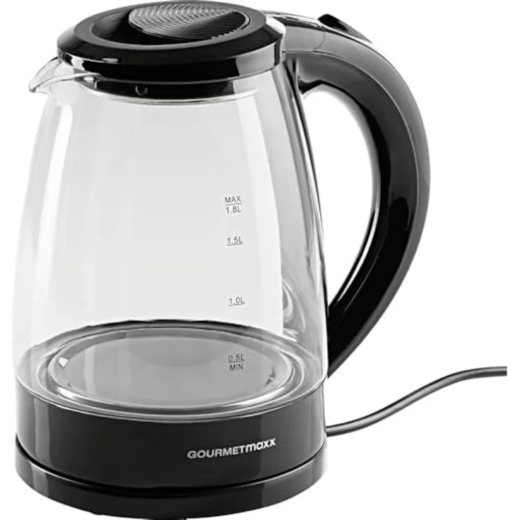 GOURMETmaxx Glas-Wasserkocher 1,8 L, Schwarz, 1800 W, kabellos, mit Blue Vision LED, Kalkfilter, TÜV & GS geprüft, BPA-frei