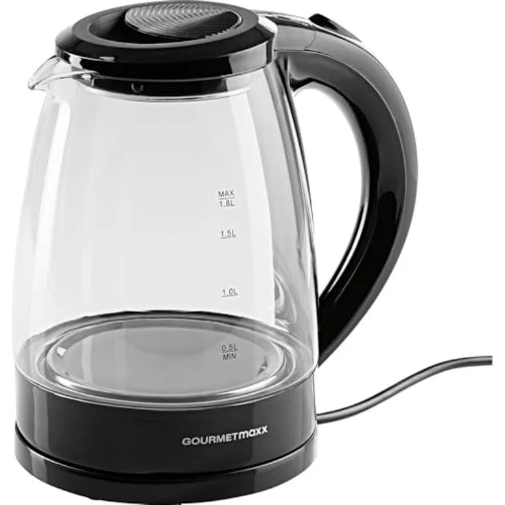GOURMETmaxx Glas-Wasserkocher 1,8 L, Schwarz, 1800 W, kabellos, mit Blue Vision LED, Kalkfilter, TÜV & GS geprüft, BPA-frei – Bild 1