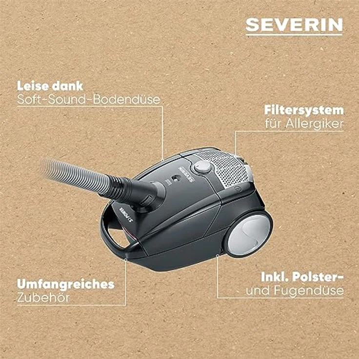 SEVERIN Staubsauger mit Beutel, kompakter Bodenstaubsauger für Teppich- und Hartböden, kraftvoller und leiser Staubsauger mit Beutel, 750 W, 8 m Reichweite, schwarz, BC 7030 – Bild 4