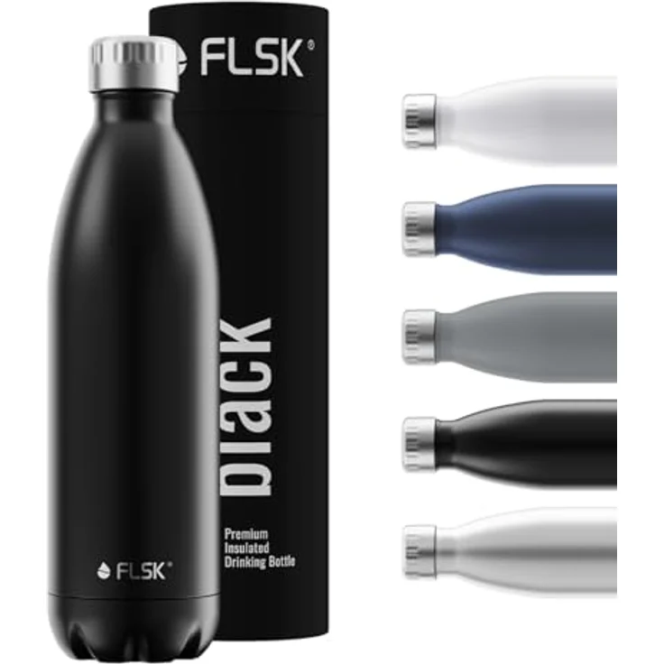 FLSK Trinkflasche I Premium Edelstahl-Thermosflasche I 100% Auslaufsicher & Kohlensäure geeignet I 24 Std. Kalt, 18 Std. Heiß (black, 1000 ml) – Bild 1