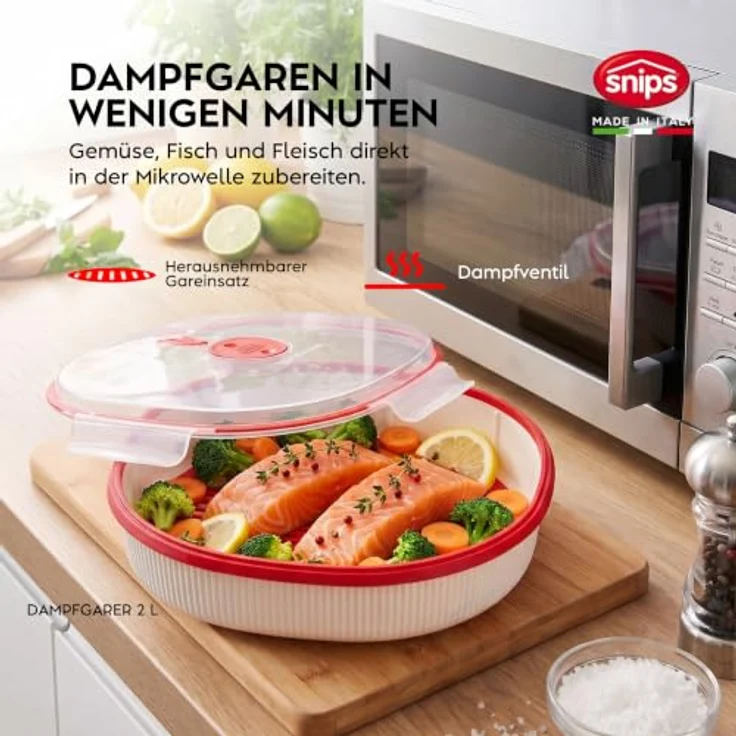 Snips Microwave Frischhaltedosen Set 5, Dampfgarer und Reiskocher für Mikrowelle, 2L/4L, Eierkocher und Suppentasse, Made in Italy – Bild 4