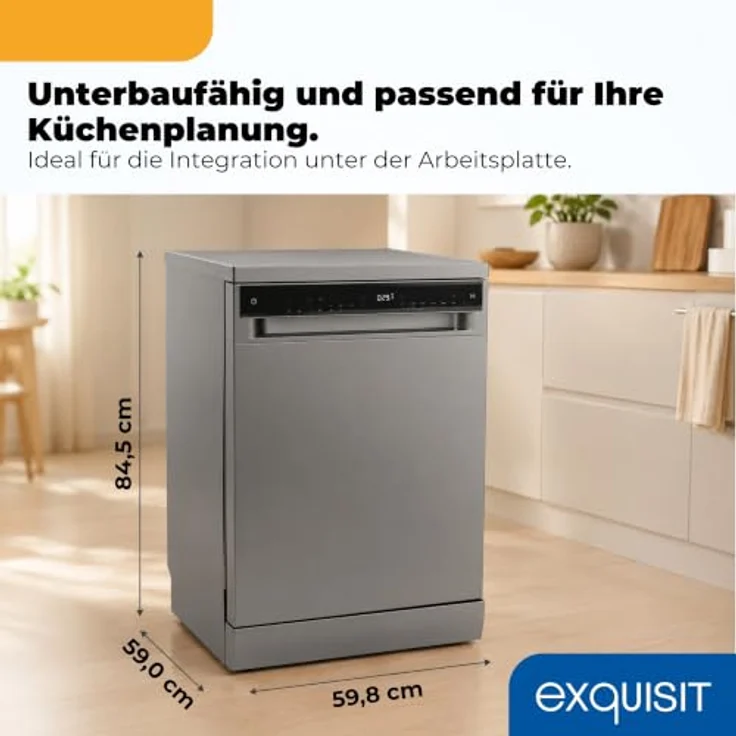 Exquisit GSP59316-450C Geschirrspüler 16 Maßgedecke, Energieklasse C, 8 Spülprogramme, Aquastop, Innenbeleuchtung, unterbaufähig, Silber – Bild 3
