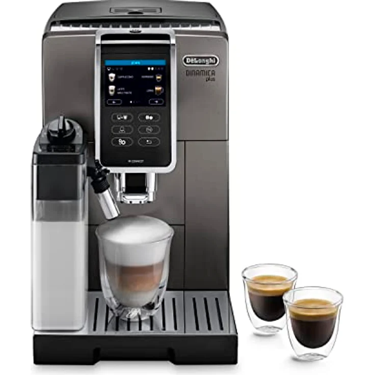 De'Longhi Dinamica Plus ECAM 372.95.TB Kaffeevollautomat mit LatteCrema Milchsystem, Cappuccino und Espresso auf Knopfdruck, Touchscreen Farbdisplay, Appsteuerung, Kaffeekannen-Funktion, Titan/Schwarz – Bild 1