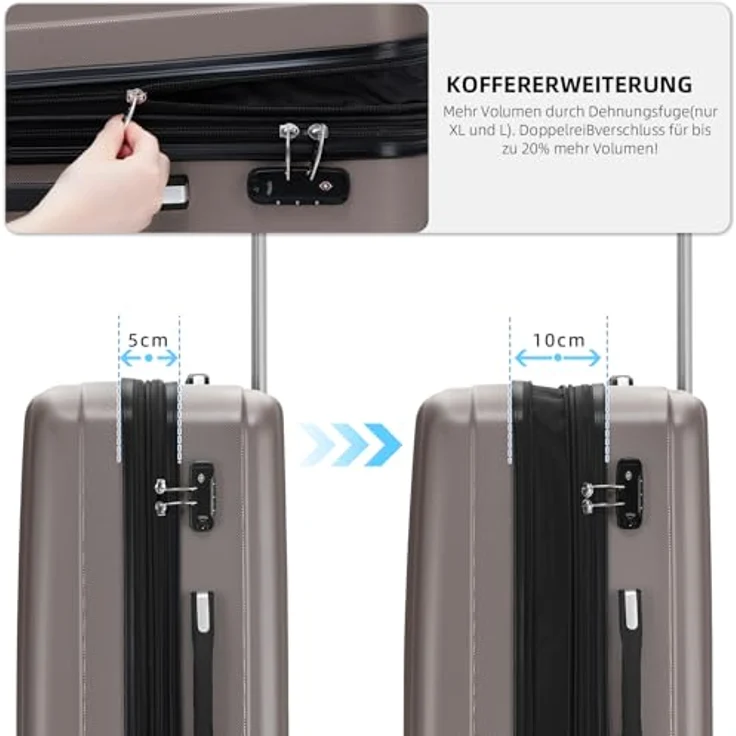 BEIBYE Reisekofferset 3-teilig, Hartschale mit TSA-Schloss und Zwillingsrollen, Coffee – Bild 4