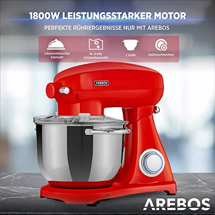 Arebos Retro Küchenmaschine 1800W Rot | 6L Edelstahl-Rührschüssel | Geräuscharm | 6 Geschwindigkeiten – Bild 3