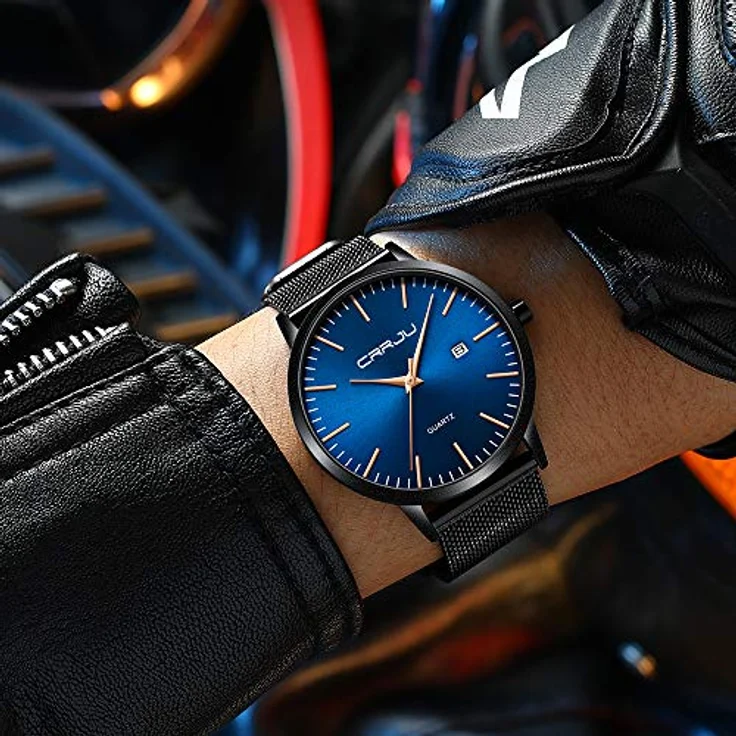 CRRJU Herren Uhr Ultra Dünne wasserdichte Armbanduhr mit schwarzem Edelstahl-Mesh-Armband und analogen Quarzwerk, Blau – Bild 2