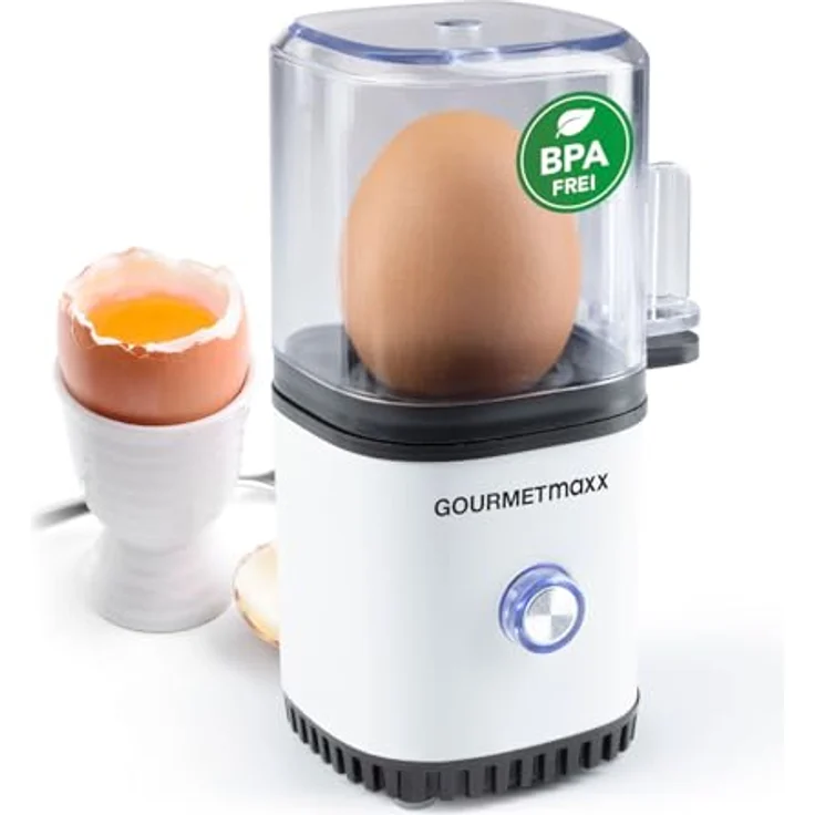 GOURMETmaxx Eierkocher für 1 Ei, Design Eierkocher weiß mit Eierstecher, 3 Härtegrade, spülmaschinenfeste Teile, kompakt und leicht zu reinigen – Bild 1