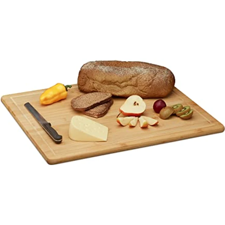 Relaxdays Schneidebrett Bambus, antibakteriell, Saftrille, Küchenbrett oder Herdabdeckung, HBT: 2 x 56,5 x 50 cm, natur – Bild 4