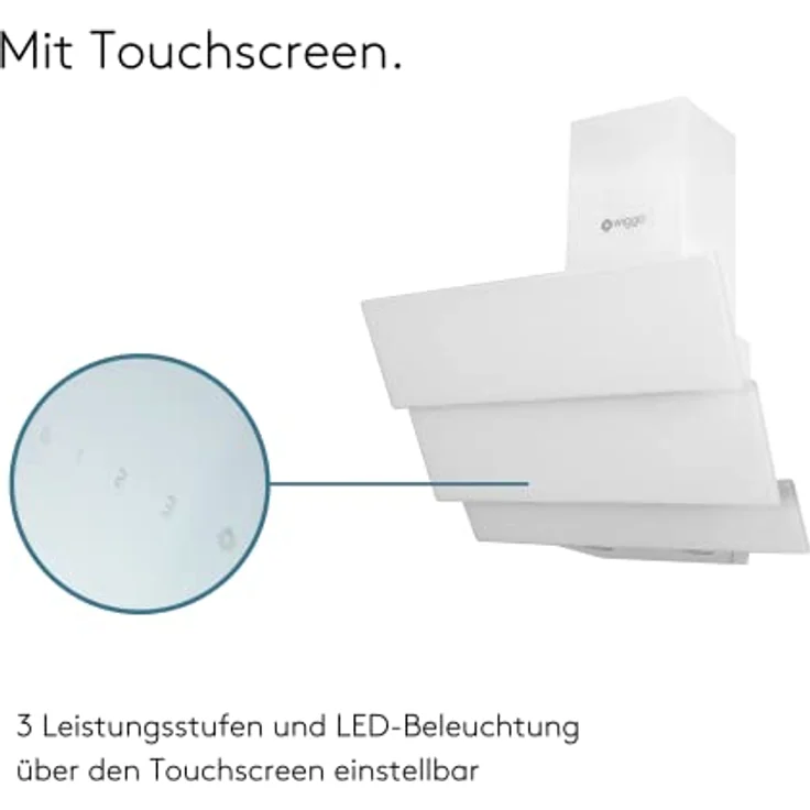 Wiggo Dunstabzugshaube 50cm kopffrei I Abluft Umluft Dunstabzug 300m³/h - LED Touch-Display 3 Stufen I Schräghaube inkl. Fettfilter & 2x Kohlefilter I Abzugshaube mit 3 teiliger Glasfront weiß – Bild 4