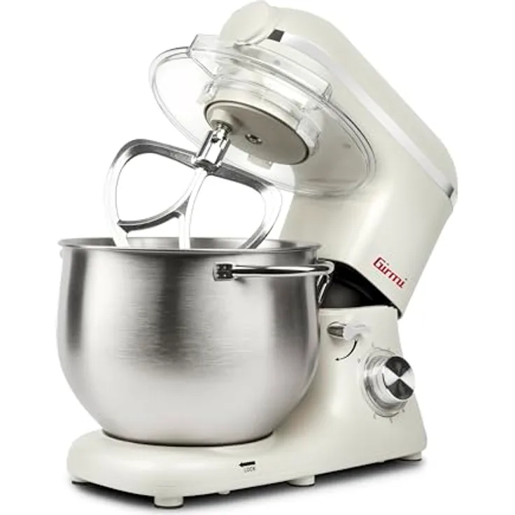 Girmi IM50 Planetenrührmaschine, Max. 2200 W, 8 Liter Edelstahlbehälter, 6 Geschwindigkeiten, Pulse-Funktion, Cremefarben, Zubehör inklusive