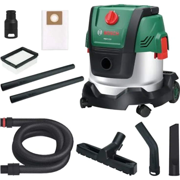 Bosch PAS15-220, kabelgebundener Nass- und Trockensauger mit 1.200 W, 220 mbar Saugleistung, 15 l Behälter, Blasfunktion und Flachfaltenfilter