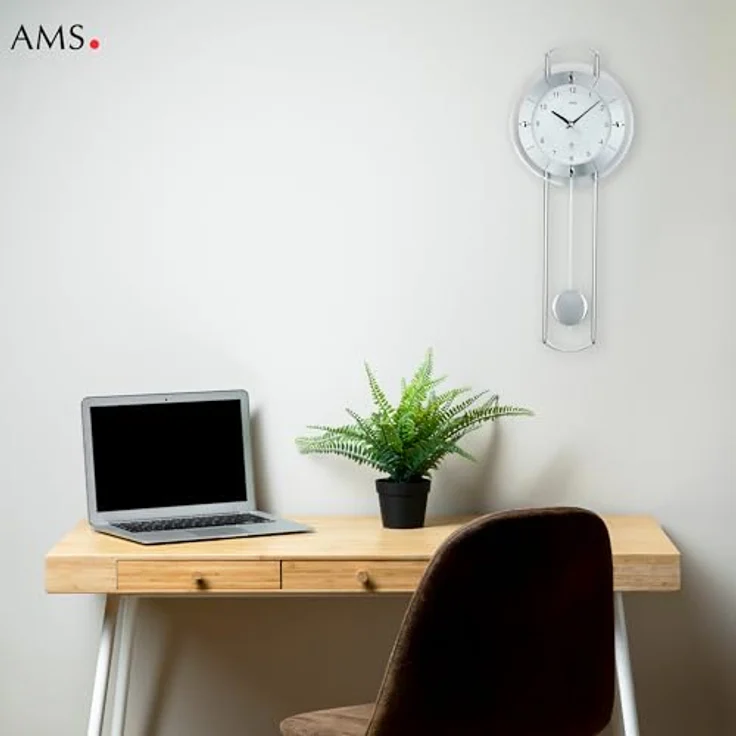 AMS. Pendelwanduhr 5254, Funk, mit silberlackierten Metallstäben, Aluminiumfrontreif und Mineralglas, arabische Ziffern – Bild 9
