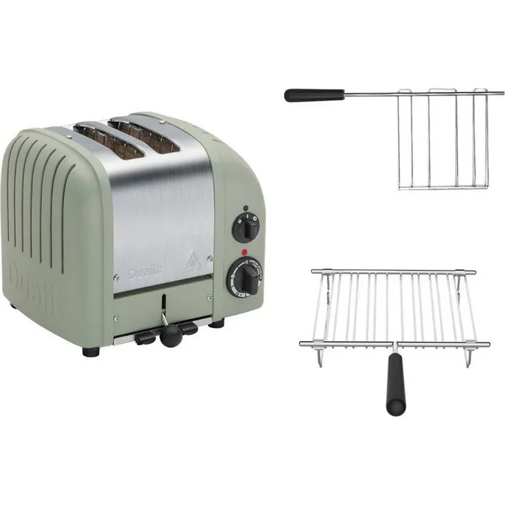 Dualit Toaster Dualit Paket 2, 2er Toaster in Sage Green mit Sandwichzange und Brötchenaufsatz