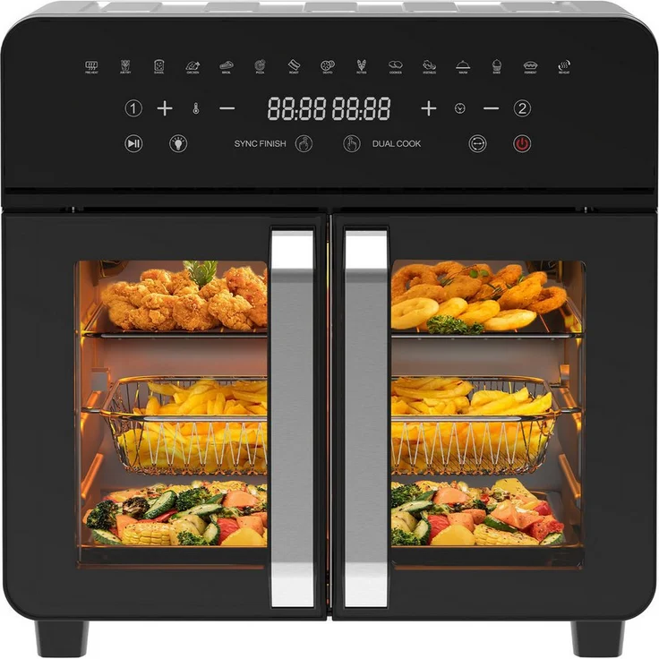 Comfy Mate Heißluftfritteuse XXL 23L, Dual-Zone Airfryer mit Doppeltür, Sichtfenster, 15 Programmen, LED-Touch, 2200 W, schwarz-silber