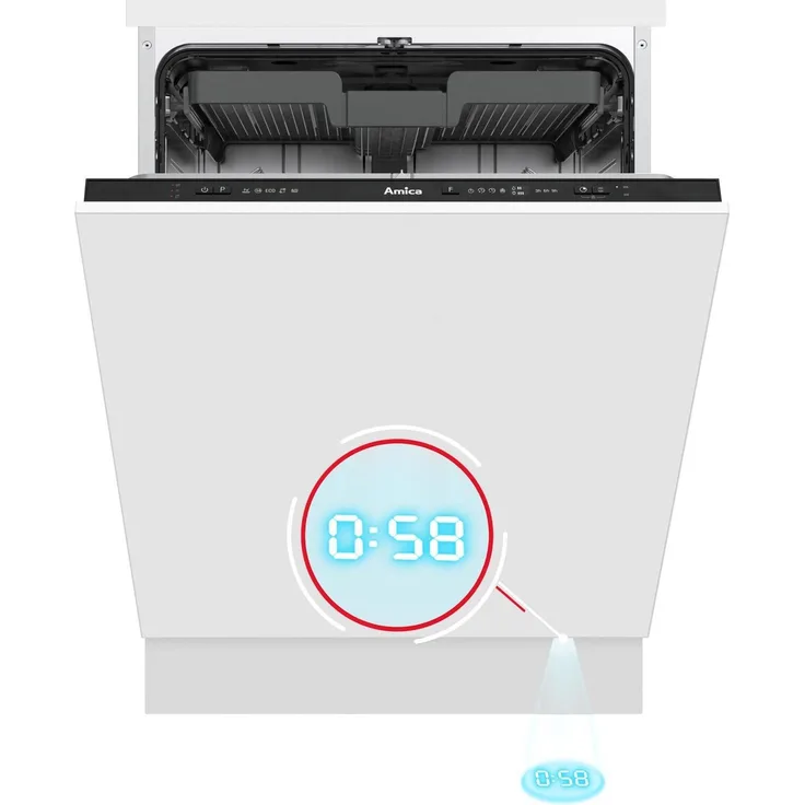 Amica EGSPV 594 300, vollintegrierter Geschirrspüler 60 cm mit 14 Maßgedecken, Energieeffizienzklasse A, Besteckschublade und Startzeitvorwahl