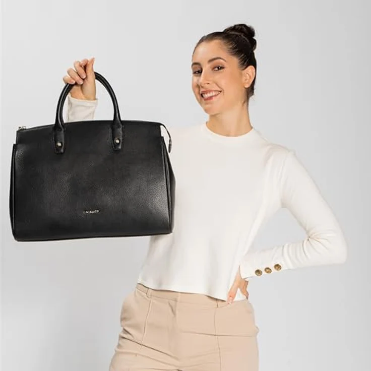 Lazarotti Bologna Leather Handtasche 40 cm, Schwarz - elegantes Design, verstellbarer Schulterriemen, Reißverschluss- und Steckfach – Bild 7