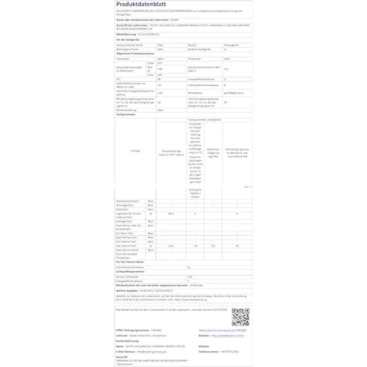 Sharp SJ-LD110E0XD-EU Einbau-Kühlschrank mit 96 l Kühlvolumen, 16 l Gefriervolumen und LED-Innenbeleuchtung – Bild 5