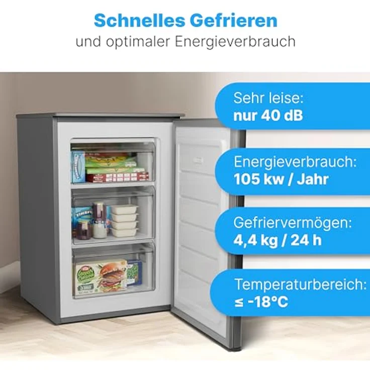 Bomann® Gefrierschrank 87L | Gefrierschrank klein mit Temperaturbereich ≤ -18°C | 3 Schubladen | Tiefkühlschrank mit wechselbarem Türanschlag | Freezer Tiefkühlschrank klein GS 7253 inox – Bild 4
