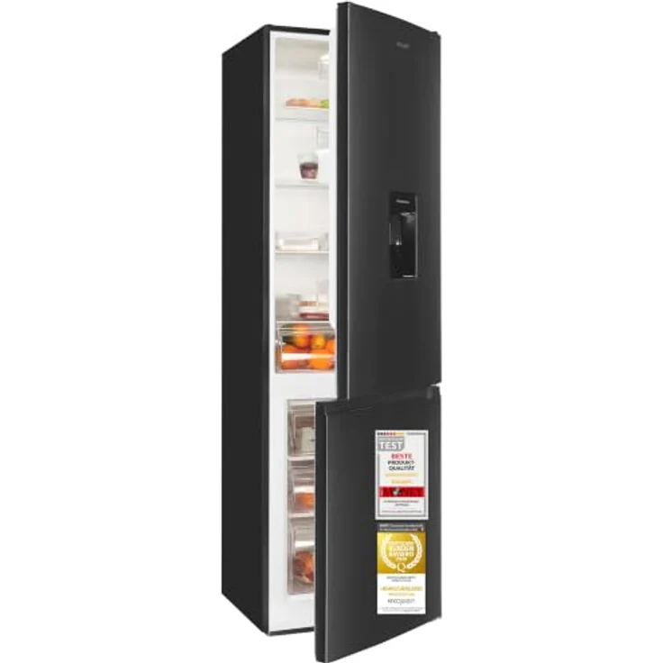 Exquisit KGC5265-70-WS-040E, Kühl-Gefrierkombination 260 l mit Wasserspender, 71 l Gefrierfach, Energieklasse E, LED-Beleuchtung, schwarz – Bild 1