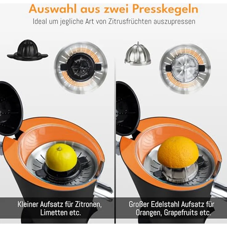 LEBENLANG Orangenpresse elektrische Edelstahl 600W - Hohe Saftausbeute für Orangen & Zitronen - BPA-Frei - Matt Schwarz – Bild 2
