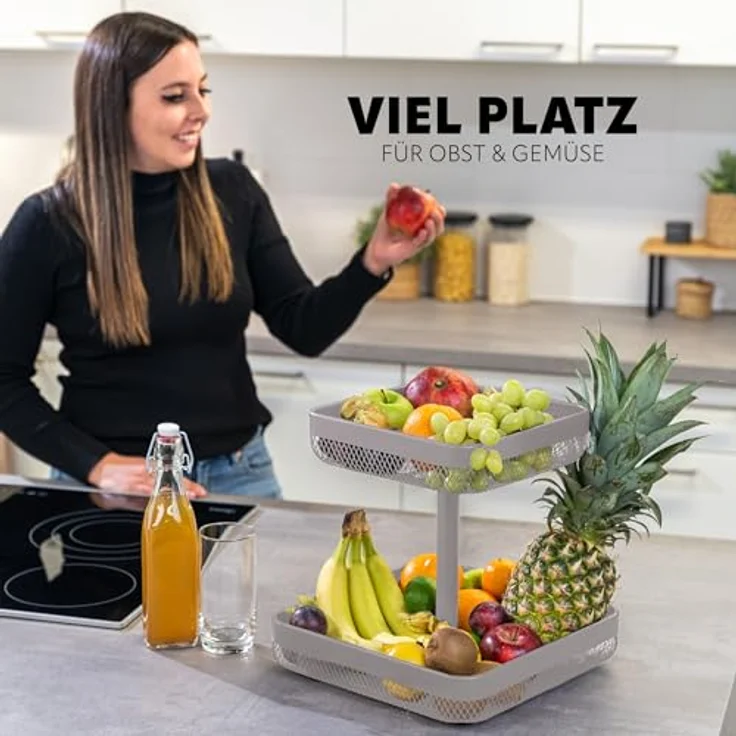 eluno 2-stöckige eckige Obstetagere/Brotkorb aus pulverbeschichtetem Metall, vielseitig einsetzbar, Taupe – Bild 2