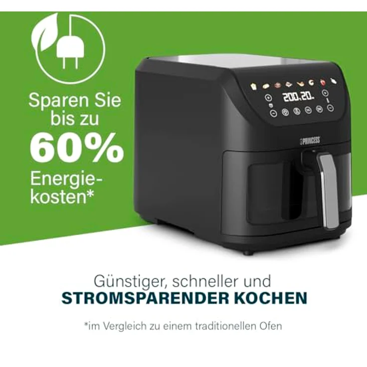 Princess 8L SlimFry Heißluftfritteuse 182258.01, fettfreie Kochtechnologie, 8 Programme, transparentes Sichtfenster, 2000 W, Schwarz – Bild 4