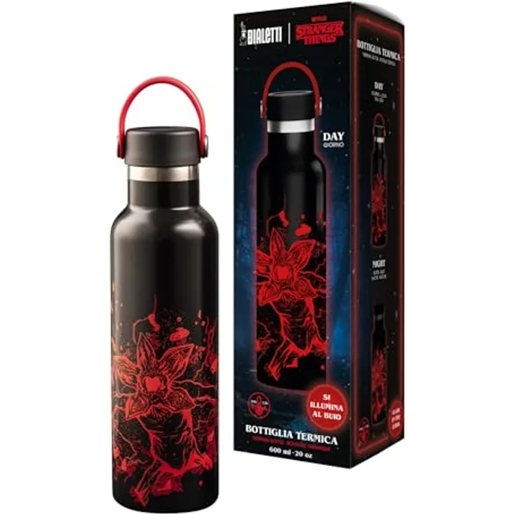 Bialetti Thermoflasche Stranger Things, 600 ml, leuchtet im Dunkeln, silber, doppelwandig, nicht spülmaschinengeeignet