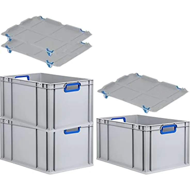 SuperSparSet 3x Eurobox NextGen Color mit Auflagedeckel & Schiebeschnappverschlüsse, HxBxT 32x40x60cm, 65L, Griffe blau offen, Verstärkter Boden, Eurobehälter Transportbox Transportbehälter