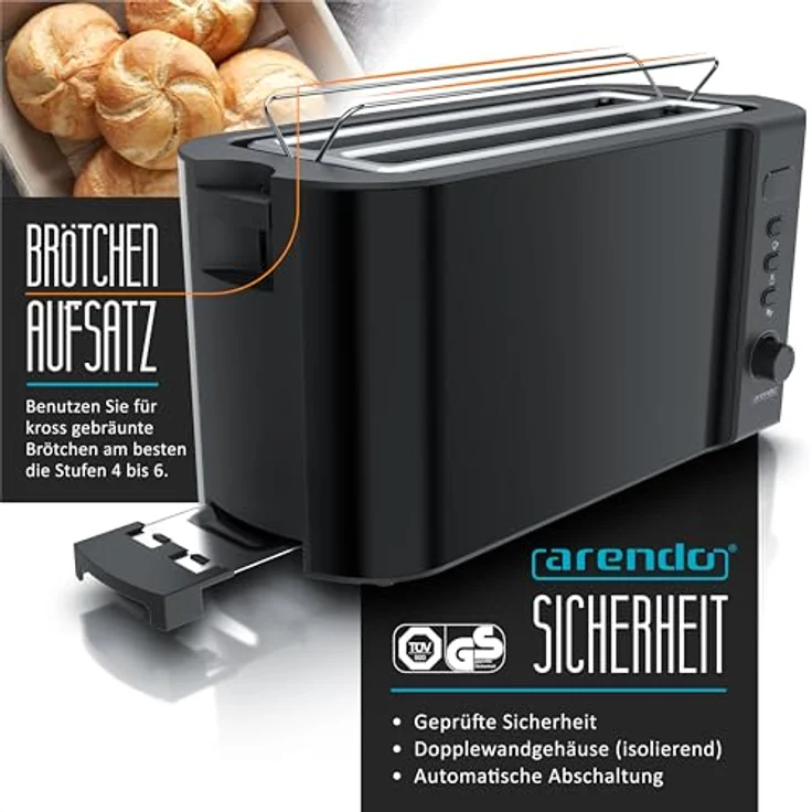 Arendo Frukost Edelstahl Toaster Langschlitz 4 Scheiben mit Defrost Funktion, wärmeisolierendem Gehäuse, integriertem Brötchenaufsatz, Krümelschublade und Display Restzeitanzeige in Klavierlack schwarz – Bild 2