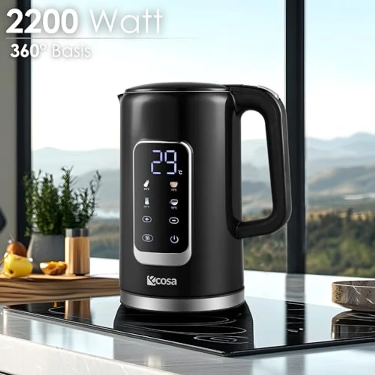 ecosa Wasserkocher Edelstahl mit Temperatureinstellung 1,7 Liter 2200 Watt Teekocher LED Display Warmhaltefunktion Water Kettle (Silk Schwarz) – Bild 3