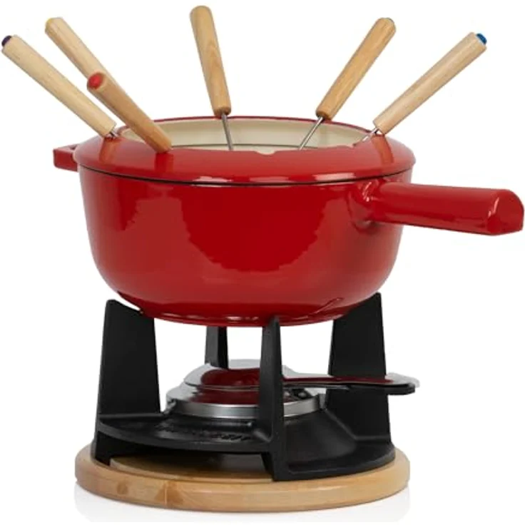 Mahlzeit Gusseisen Fondue Set für 6 Personen | 2 Liter | Fondueset 13 teilig mit Brenner und Gabeln | Fondue-Set, Käsefondue Set, Fleischfondue Set, Schokofondue Set (Rot emailliert) – Bild 1