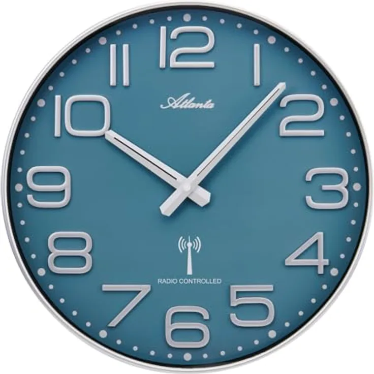 Atlanta 4539/19 Funk-Wanduhr, silberfarbenes Gehäuse mit blauem Zifferblatt, analog und mit Sommerzeitfunktion