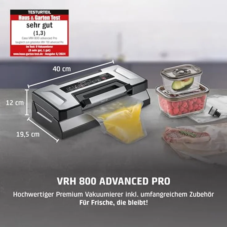 Caso Vakuumierer VRH 800 advanced Pro, mit CASOTEK® Liquid Funktion, Edelstahlgehäuse, 130W, 30 cm Schweißnaht, inklusive 2 VacuBoxxen und umfangreichem Zubehör – Bild 3