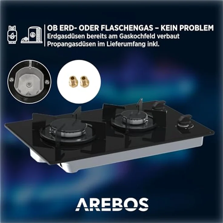 AREBOS Gaskochfeld 2 Flammen Glaskeramik Gasherd Einbaugerätherd Erdgas Propangas – Bild 6