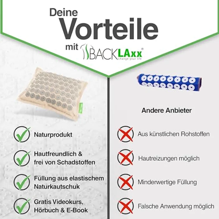 BACKLAxx® Akupressurmatte mit Kokosfaserfüllung und Akupressur Kissen aus Naturlatex, umweltfreundliches Halbleinen, 6.960 und 3.312 Stacheln, nachhaltig – Bild 6