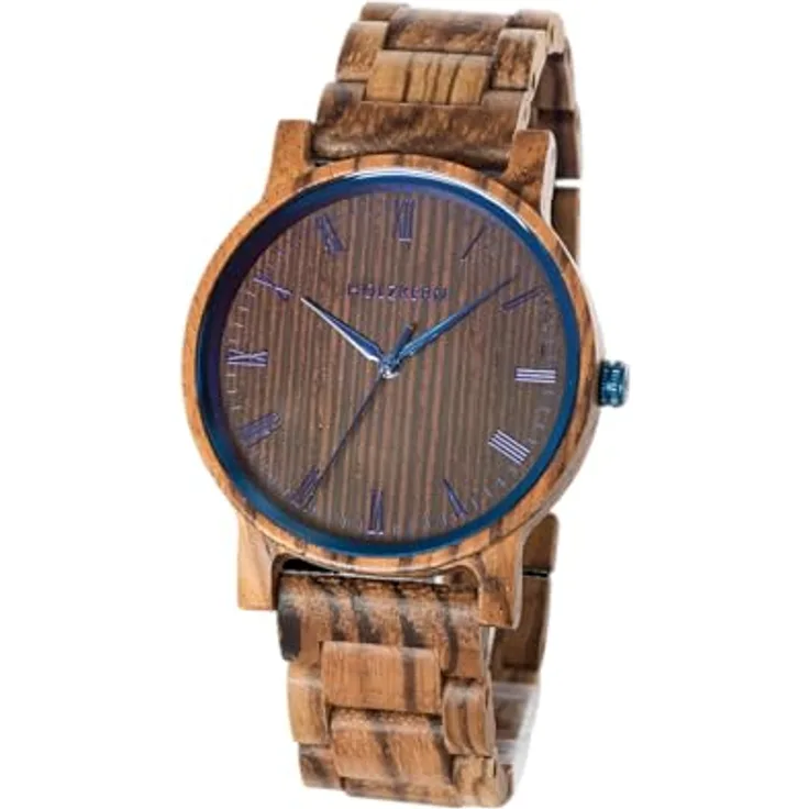Holzkern Quarzuhr Herbstmorgen, Unisex Armbanduhr aus Zebrano/Wenge mit japanischem Quarzwerk und blauem Zifferblatt