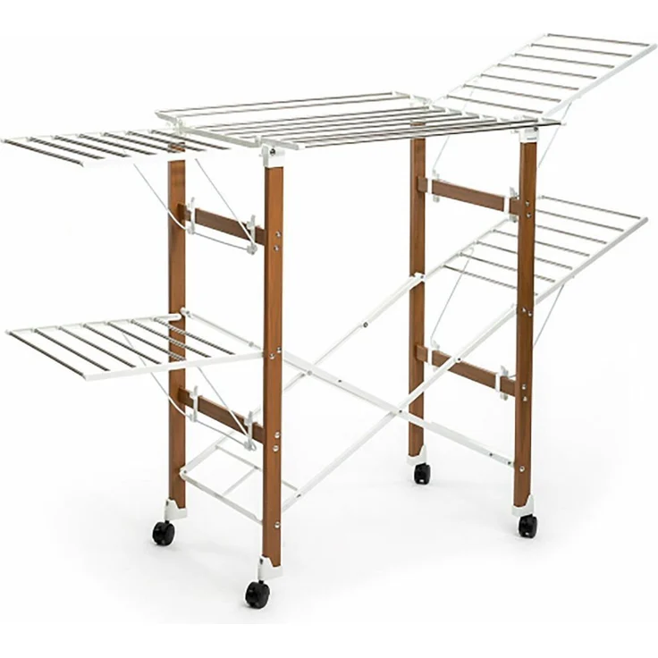 InnovaGoods Wäscheständer HOCHQUALITATIVER WÄSCHESTÄNDER KLAPPBAR 38 STANGEN PLATZSPAREND, Weiß und Braun mit Holzeffekt