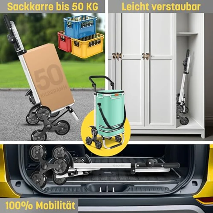 KESSER® Einkaufstrolley Treppensteiger mit Kühlfach, klappbar, 56L Kapazität, belastbar bis 50kg, 3in1 Trolley Sackkarre & Umhängetasche, Mintgrün – Bild 3