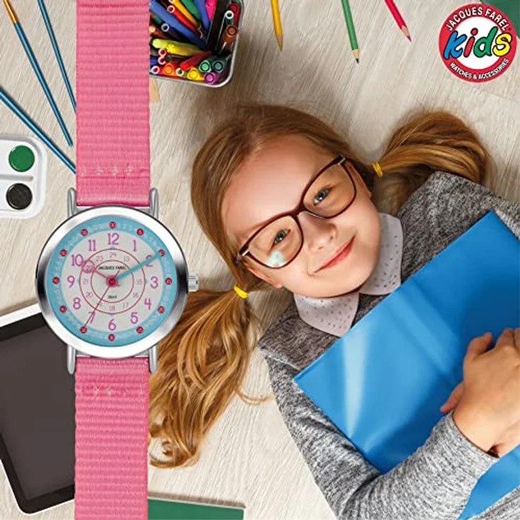 JACQUES FAREL Happy Learning Kinder-Armbanduhr Lernuhr Mädchen Rosa Analog Quarz Metall Textilband KOP 04 – Bild 5