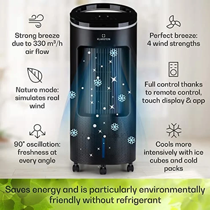 Klarstein Ventilatorkombigerät IceWind Plus Smart 4-in-1 Luftkühler, mit Wasserkühlung & Eis mobil Klimagerät ohne Abluftschlauch, WiFi-Steuerung, Ionisator, 2 Kühlakkus, Fernbedienung, 65 Watt, weiß – Bild 3