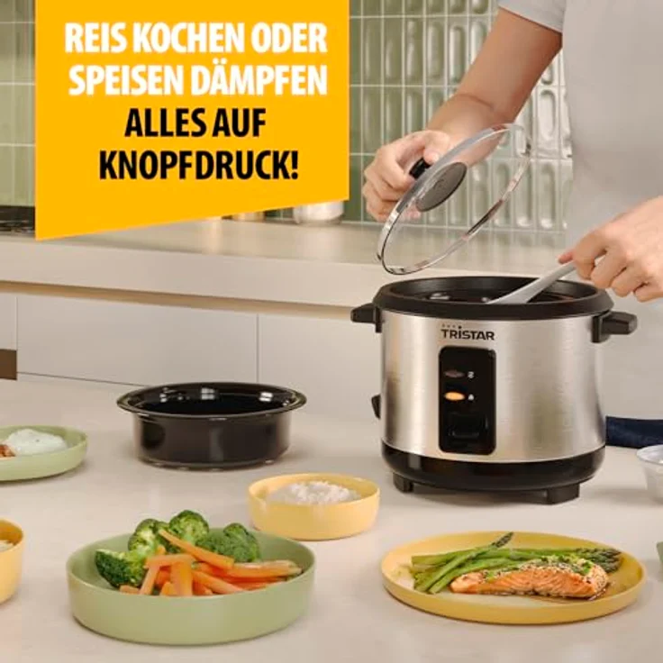 Tristar RK-6144 Reiskocher, 1 L Kapazität für bis zu 5 Portionen, Edelstahlgehäuse, Antihaft-Innentopf, Dampfeinsatz, Warmhaltefunktion, 400 W – Bild 5