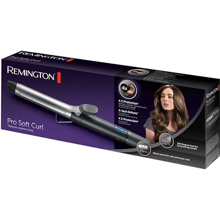 Remington Lockenstab Pro Soft Curl CI6525 2 mit Klemme, Drehbarer Temperaturregler, 25 mm, antistatische Keramik-Turmalin-Beschichtung, 10 Temperaturstufen, schwarz-silber – Bild 2