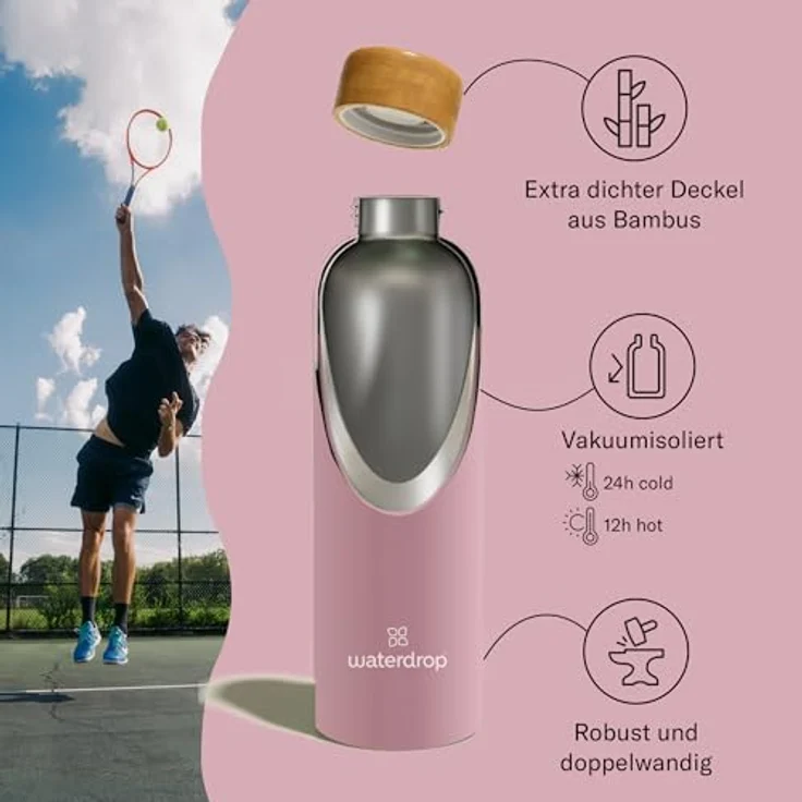 waterdrop MICRODRINK Steel Bottle 600ml isolierte Trinkflasche auslaufsicher | Thermosflasche 24h kalt, 12h heiß | doppelwandige Edelstahl Wasserflasche | bruchsicher | Kohlensäure geeignet – Bild 2