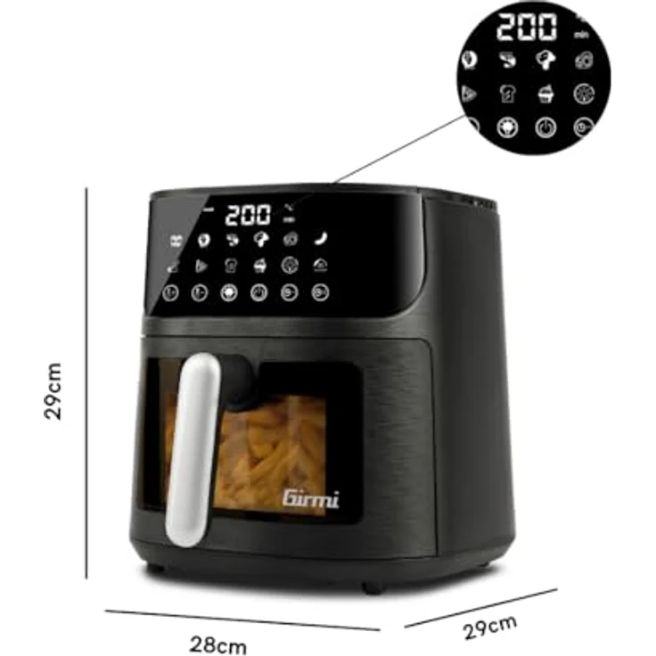 Girmi FG78 Heißluftfritteuse "Ecofrit Black", 6 l, 1500 W, 12 Programme, Digitalanzeige, BPA/PFOA Safe, Innenbeleuchtung, Antihaft-Tablett, Schwarz/Silbergrau – Bild 2
