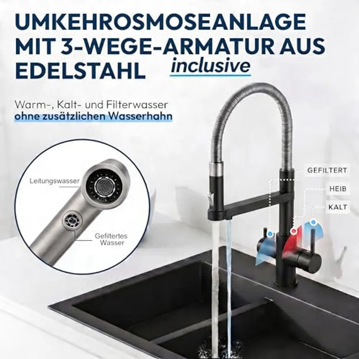 Neues Wasser AORA GT600 Umkehrosmoseanlage – 8-Stufen-Filtration, tankloses Direkt-Flow-System, 3-Wege-Armatur STATEMENT Schwarz – Bild 2