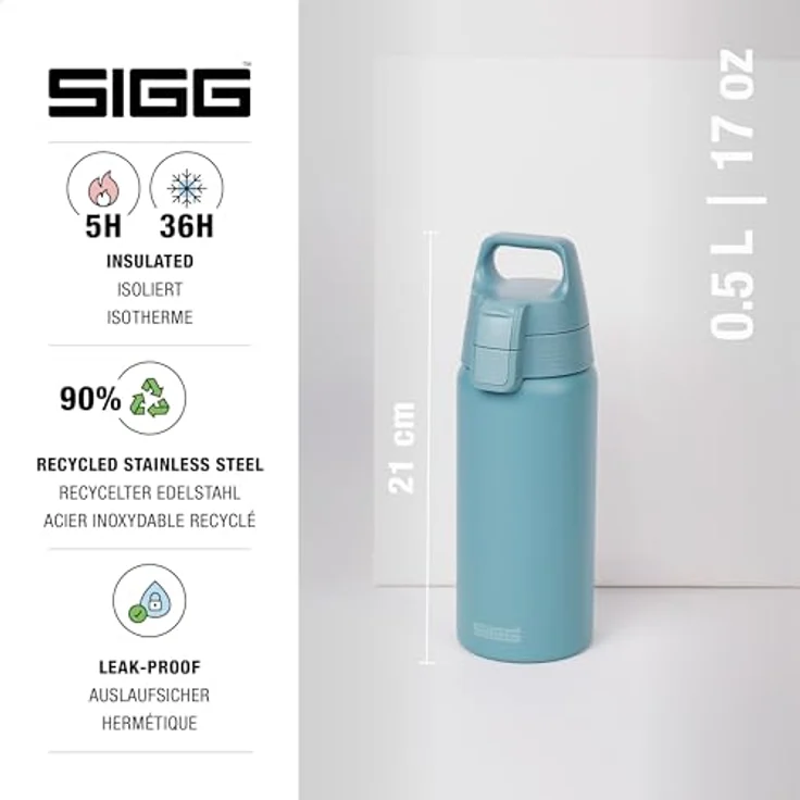 SIGG Shield Therm One Thermosflasche, isolierte 0,5L Edelstahl-Trinkflasche für kohlensäurehaltige Getränke, auslaufsicher, BPA-frei, spülmaschinenfest, graublau – Bild 2