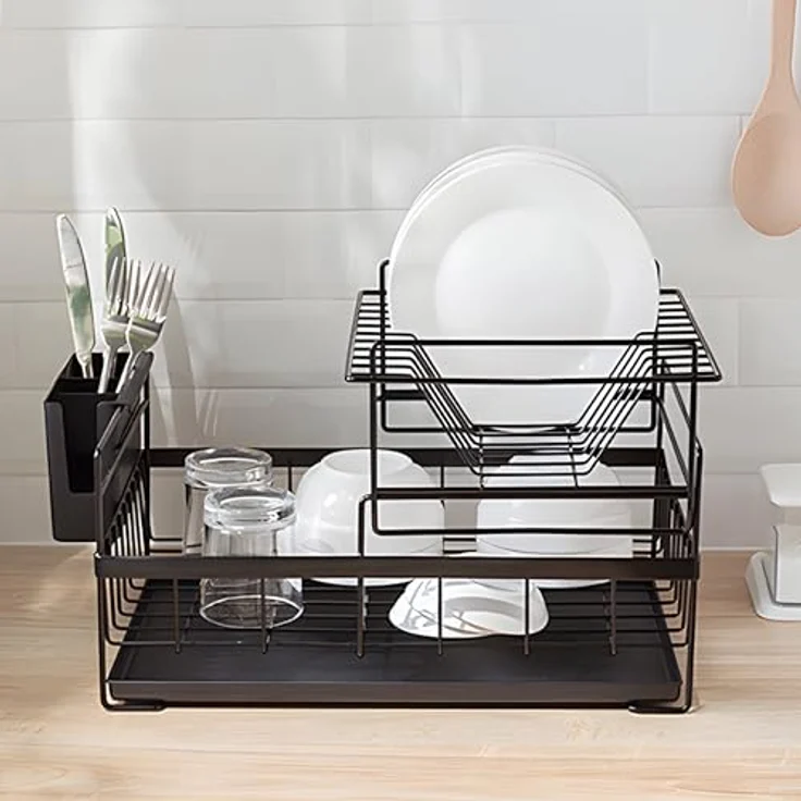 Retoo Abtropfgestell Einlagige Geschirr Abtropfständer, Geschirrabtropfer Drip mit Zwei Fächern, Tropfschale, Geschirrabtropfgestell, Abnehmbarem Besteckhalte, Besteckständer, 43×32,5×24cm Schwarz – Bild 2
